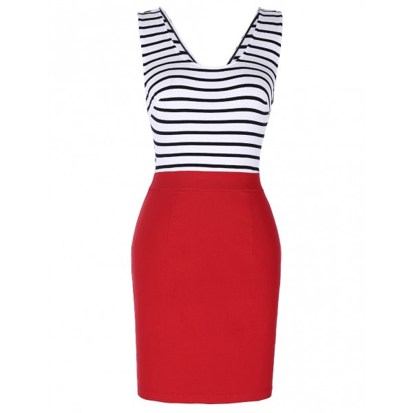 New Fashion Women Dress Sleeveless Square-Neck Hollowed Back Stripe Splicing 50s Rockabilly Striped Swing Office Summer Dress 