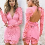 New Hollow Out Lace Dress Women Sexy Backless Vestidos De Festa 2018 Bow Tied Robe Femme Deep V Neck Halter Party Dresses C63