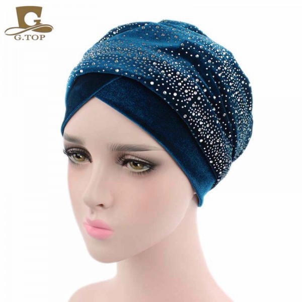 New Luxury Women Velvet Turban Headband Diamante Studded  Extra Long Velvet Turban Head Wraps Hijab Head Scarf Turbante