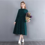 New Spring Autumn Mori Girl Maxi Long Dress Stand Collar Corduroy Women Green Vestidos Full Sleeve Printed Elegnat Slim Dresses 