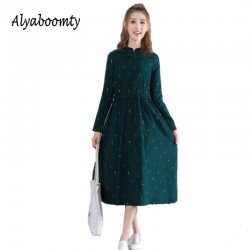 New Spring Autumn Mori Girl Maxi Long Dress Stand Collar Corduroy Women Green Vestidos Full Sleeve Printed Elegnat Slim Dresses 