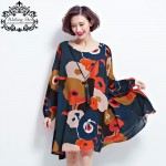 New Spring Dress Plus Size Tops Woman Chiffon Dress Long Sleeve Clothes Floral Print Loose Vintage Lady Casual Fashion Dress