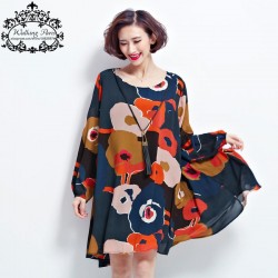 New Spring Dress Plus Size Tops Woman Chiffon Dress Long Sleeve Clothes Floral Print Loose Vintage Lady Casual Fashion Dress