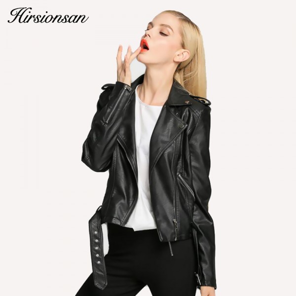 New Spring Fashion Faux Leather Oblique Zipper Jacket  Turn-down Collar  Long Sleeves Women's  Popular Short Coat