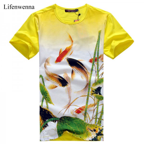 New Style Mens T Shirt Fashion Goldfish Print T Shirt Men Chinese Style Short Sleeve Slim Fit Casual Tee Shirt Men Plus Size 6XL