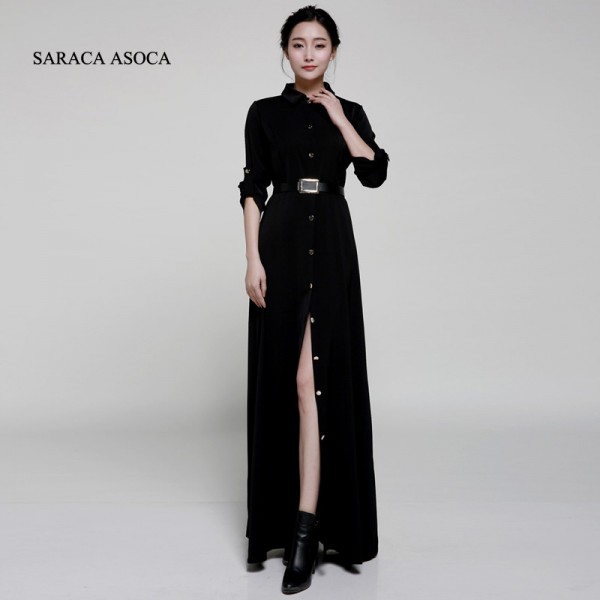 New Style Slim Floor Length Button Long Dress Women Spring Autumn Long Sleeve Fashion Brief Black Dresses Muslim Ladies