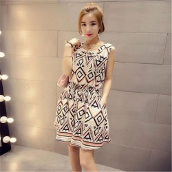 New Stylish 2016 Summer Women Dress Sleeveless Collect Waist With Packet Slim Dresses Casual Print  Knee-Length Women Clothing