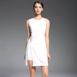 New Summer 2017 Women Pearl Split White Dress Vestido De Verano Sleeveless Black Casual Woman Dress Tunique Femme Robe 71759