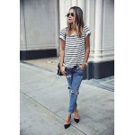 New Summer Women Tops O-Neck T-Shirt Short Sleeve Striped T Shirts Tees Blusas Femininas Free Shipping S M L XL Plus Size