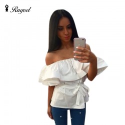 New Summer style 2017 Hot Slash Neck Tube Women Shirt with Ruffles Sexy  Blusas Off shoulder beach tops party top with belt