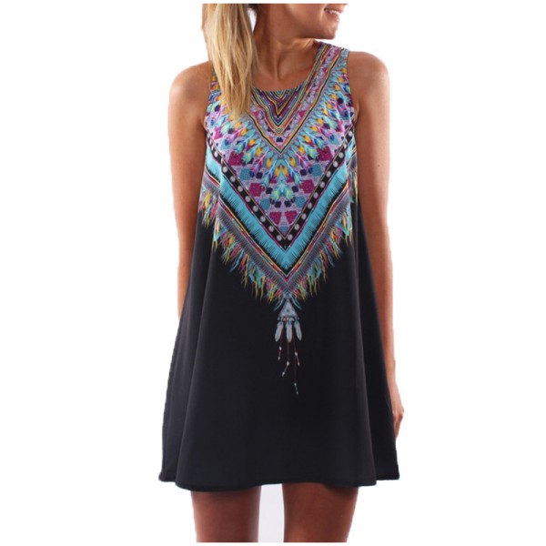 New Vintage Print Women Dress O-neck  Sleeveless Casual Dresses Boho Sexy Chiffon Beach Dress Summer Dress 2018 Vestidos