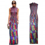 New Vintage Sleeveless Plaid Long Print Dresses Turtleneck Autumn Women Maxi Dress Vestidos