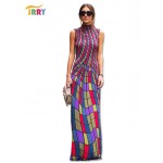 New Vintage Sleeveless Plaid Long Print Dresses Turtleneck Autumn Women Maxi Dress Vestidos