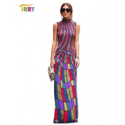 New Vintage Sleeveless Plaid Long Print Dresses Turtleneck Autumn Women Maxi Dress Vestidos