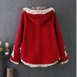 New Winter Women Jacket Japanese Style Mori Girl Flower Lace Patchwork Long Sleeve Hooded Wool Plus Velvet Warm Outerwear Coats