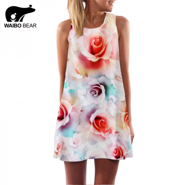 New Women 2016 Rose Printed O-Neck Mini Club Elegant Floral Dress Evening Party Sleeveless Chiffon Casual Dresses WAIBO BEAR