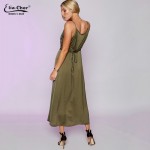 New Womens Khaki Spaghetti Strap Silk Dress Eliacher Brand Casual Plus Size Loose V-Neck Wrap Maxi Dress Sashes Vestido 8701