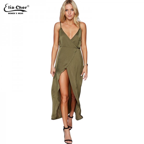 New Womens Khaki Spaghetti Strap Silk Dress Eliacher Brand Casual Plus Size Loose V-Neck Wrap Maxi Dress Sashes Vestido 8701