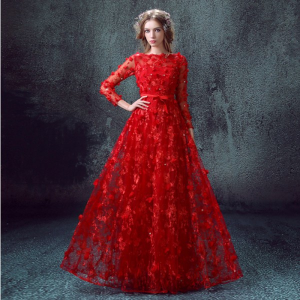 New Year Dress 2016 New Summer Famous New Full Sleeve Elegant Flower Embroidery Appliques Mesh  Red Luxury Dress