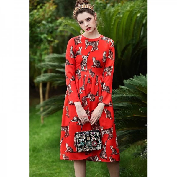 New arrival 2016 Designer Runway Dress High Quality Women's Long Sleeve Sexy Cat Print Dress