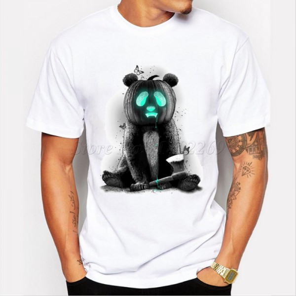 New fashion animal design halloween panda pumpkin creative printed men's customized t-shirt casual basic tops hipster funny tee