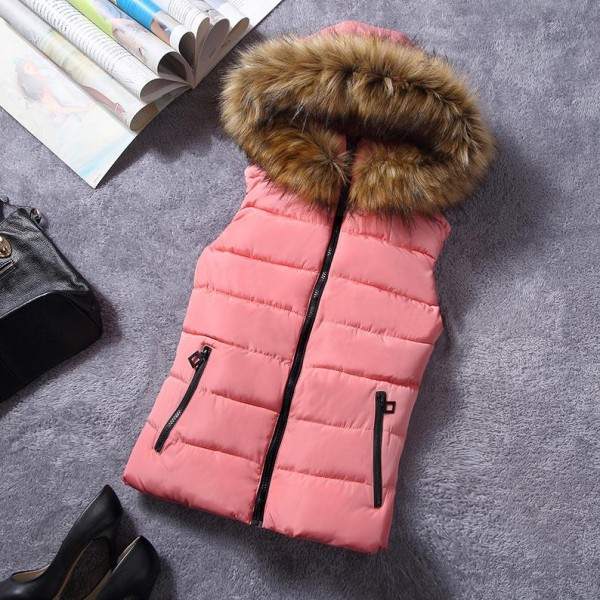 New for winter fur collar vest down Joker cotton hooded vest women's vestidos waistcoat