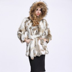 New genuine natural real rabbit fur coat women fashion jacket with hood and raccoon fur collar ladies outwear with belt  custom