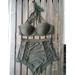 New high waist bandage bikini high neck halter bikini push up high waist swimwear bandage padded swimsuit halter bathing suit