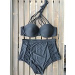 New high waist bandage bikini high neck halter bikini push up high waist swimwear bandage padded swimsuit halter bathing suit