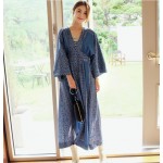 New retro blue long dress V-neck sweet vintage loose slim maxi blue dress printing elegant holiday long dress Korea style dress