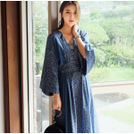 New retro blue long dress V-neck sweet vintage loose slim maxi blue dress printing elegant holiday long dress Korea style dress