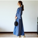 New retro blue long dress V-neck sweet vintage loose slim maxi blue dress printing elegant holiday long dress Korea style dress