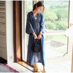 New retro blue long dress V-neck sweet vintage loose slim maxi blue dress printing elegant holiday long dress Korea style dress