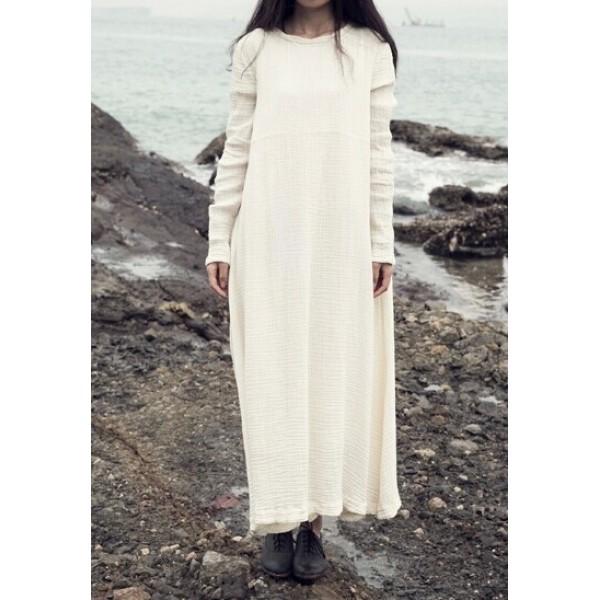 New spring autumn women loose cotton linen long dress long sleeve O-neck solid colors long gown for female  vintage robes