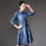 New spring/summer 2017 women elegant fashion dress  embroidered denim casual dress designer plus size women clothing S-5xl