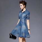 New spring/summer 2017 women elegant fashion dress  embroidered denim casual dress designer plus size women clothing S-5xl