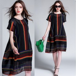 New2016 Summer Women colorful stripe Cotton Linen loose Dress twinset elegant dress linen dress+sleeveless tank dress XXXXL 6171