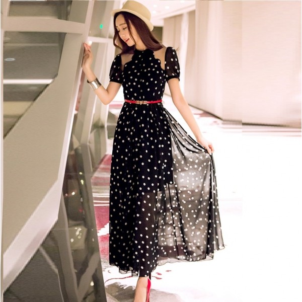 New2016Fashion Women Summer style elegant polka dot chiffon long dress short sleeve big bottom longo vestido plus sizeXXXXL98507