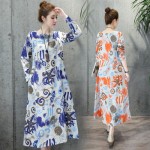 New2017 Spring Women Dress Vintage Casual Robe Print Long Sleeve Long Dress High Quality Loose Plus Size Cotton Linen Maxi Dress