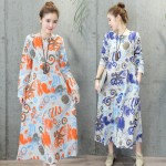 New2017 Spring Women Dress Vintage Casual Robe Print Long Sleeve Long Dress High Quality Loose Plus Size Cotton Linen Maxi Dress