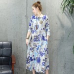 New2017 Spring Women Dress Vintage Casual Robe Print Long Sleeve Long Dress High Quality Loose Plus Size Cotton Linen Maxi Dress