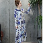 New2017 Spring Women Dress Vintage Casual Robe Print Long Sleeve Long Dress High Quality Loose Plus Size Cotton Linen Maxi Dress