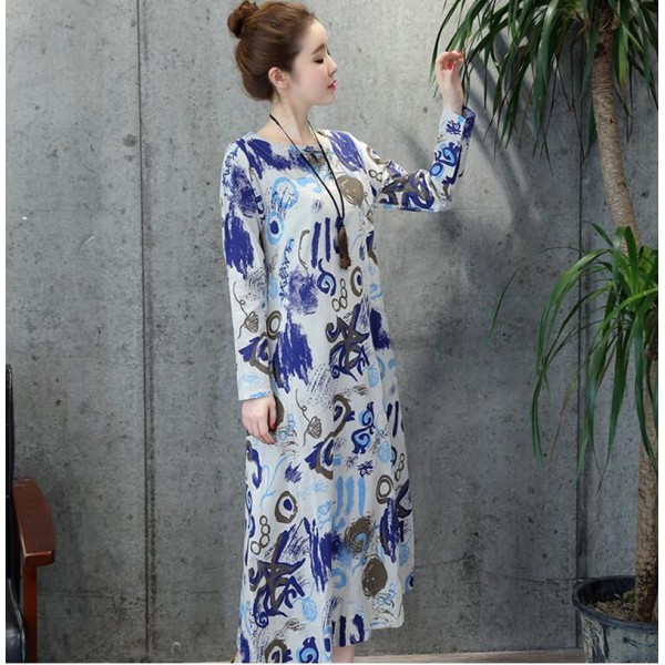 New2017 Spring Women Dress Vintage Casual Robe Print Long Sleeve Long Dress High Quality Loose Plus Size Cotton Linen Maxi Dress