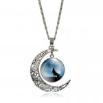 Newest Glass Cabochon Wolf Picture Pendant Vintage Jewelry Silver Plated Half Moon Chain Necklace for Women Necklaces & Pendants