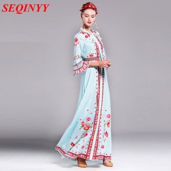 Nice Long Dress Women 2017 Autumn  Extra Large Europe Style Hight Street Black Light Blue A-Line Flare Sleeve Print Dresses