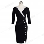 Nice-forever  Mature Elegant Sexy V-neck Stylish Button Work dress Office Bodycon Female 3/4 Sleeve Sheath Woman Dress B335