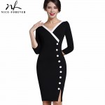 Nice-forever  Mature Elegant Sexy V-neck Stylish Button Work dress Office Bodycon Female 3/4 Sleeve Sheath Woman Dress B335