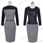 Nice-forever 2016 Spring Stylish Ladylike Vintage Work Dress Black Lace Top O Neck 3/4 Sleeve Belted Zipper Pencil Dress B269