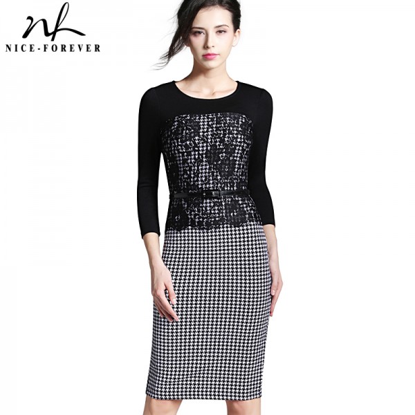 Nice-forever 2016 Spring Stylish Ladylike Vintage Work Dress Black Lace Top O Neck 3/4 Sleeve Belted Zipper Pencil Dress B269