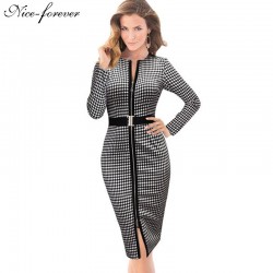 Nice-forever Autumn Zipper Pencil Dress Elegant Solid Round Neck Full Sleeve Business Women Fashion Formal Bandage Dress b230